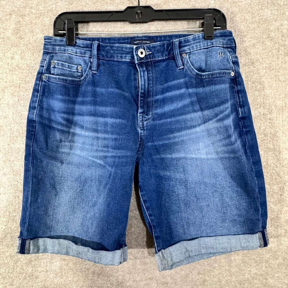 Tommy Hilfiger Denim Shorts Womens 10 Blue Cuffed Stretch Classic Minimalist